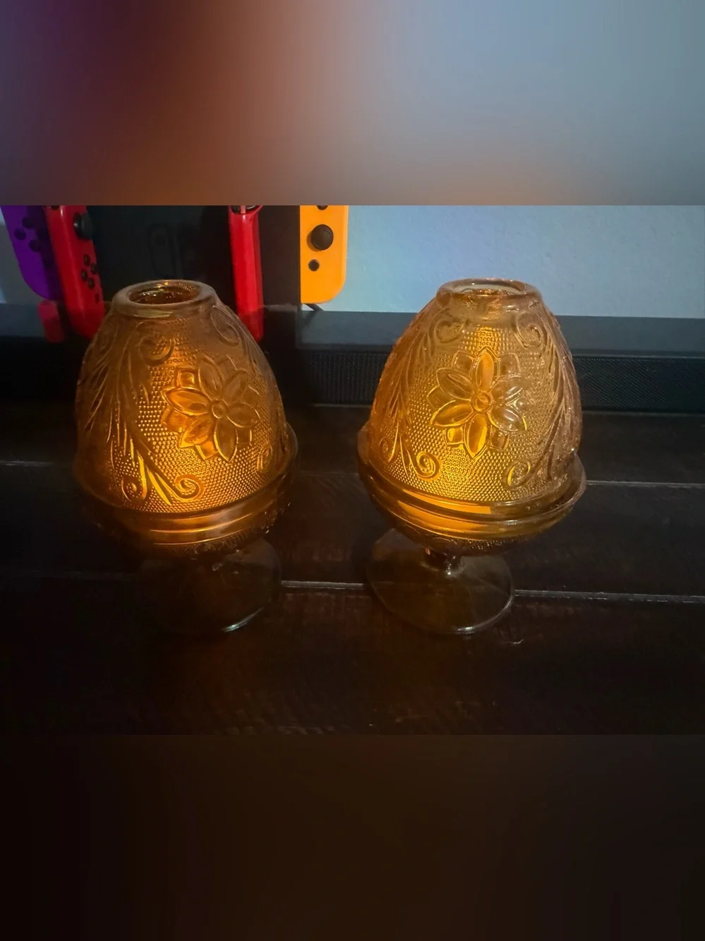 Amber Floral Glass Votive Holders by